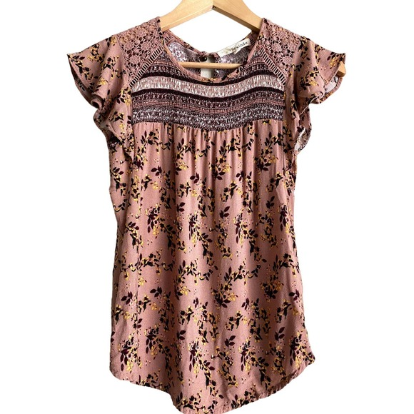 Rewind Tops - Rewind Mauve Floral Blouse with Lace Detail